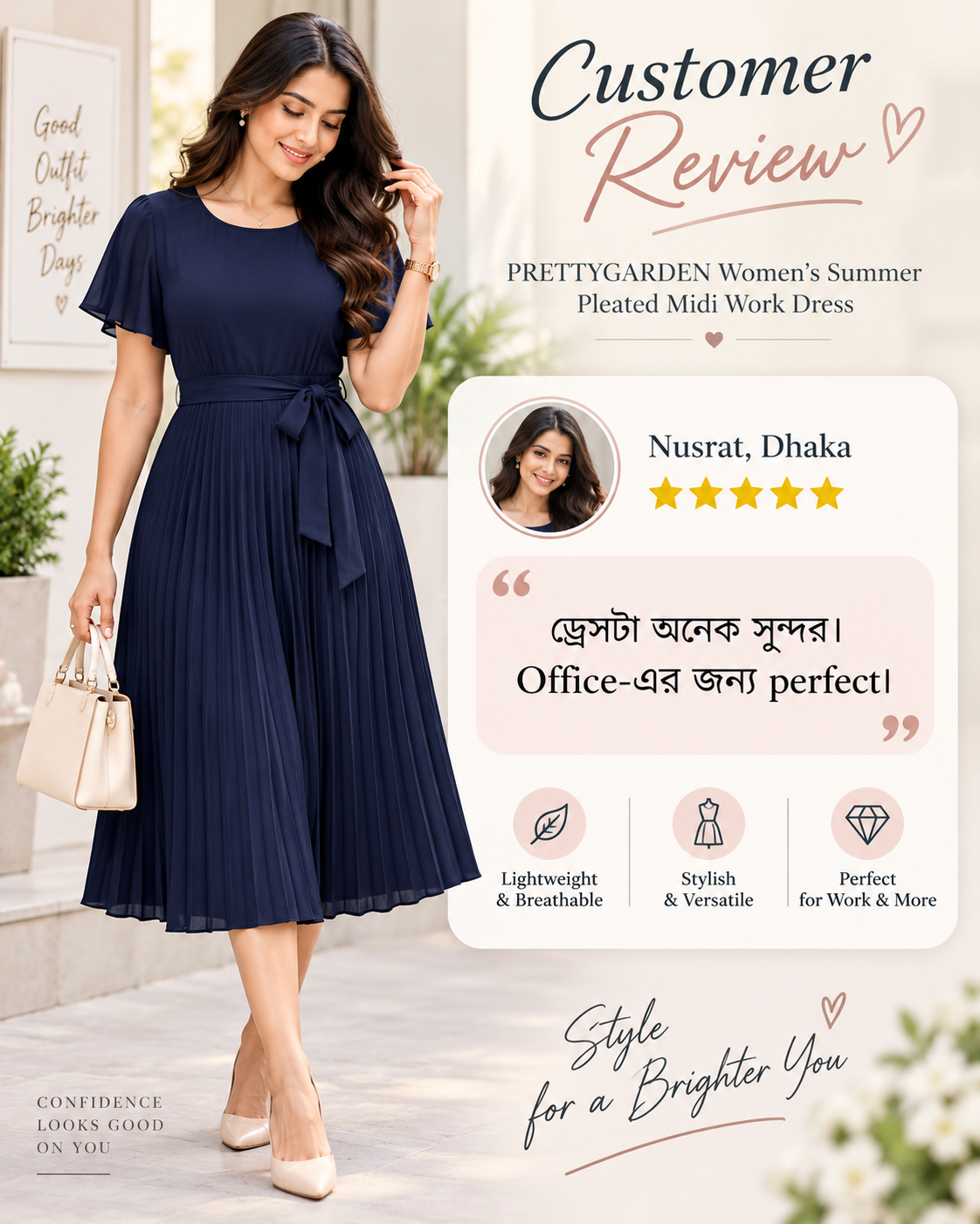 PRETTYGARDEN Women's Summer Pleated Midi Work Dress